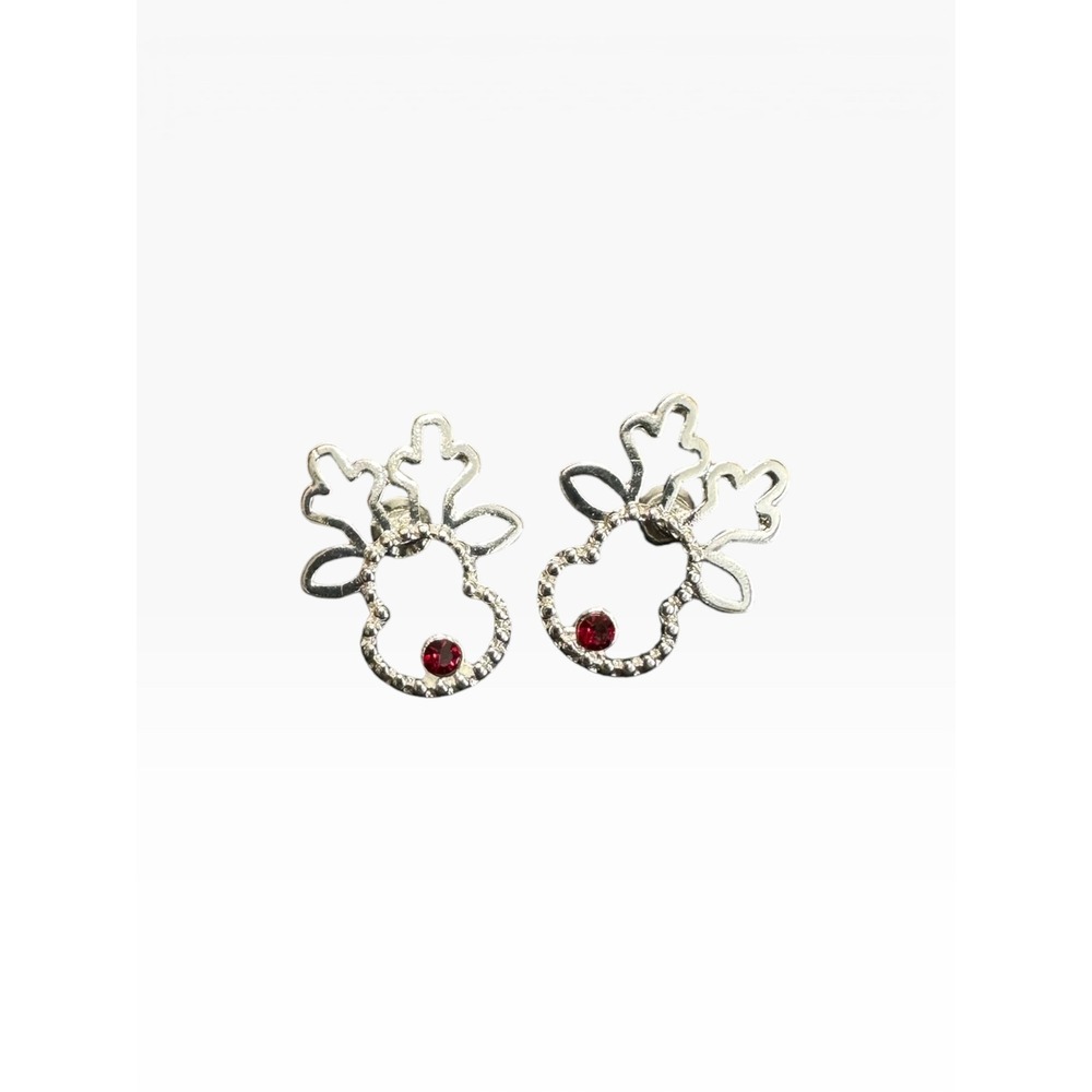 Reindeer Stud Earrings Silver Tone Red Rhinestone Nose